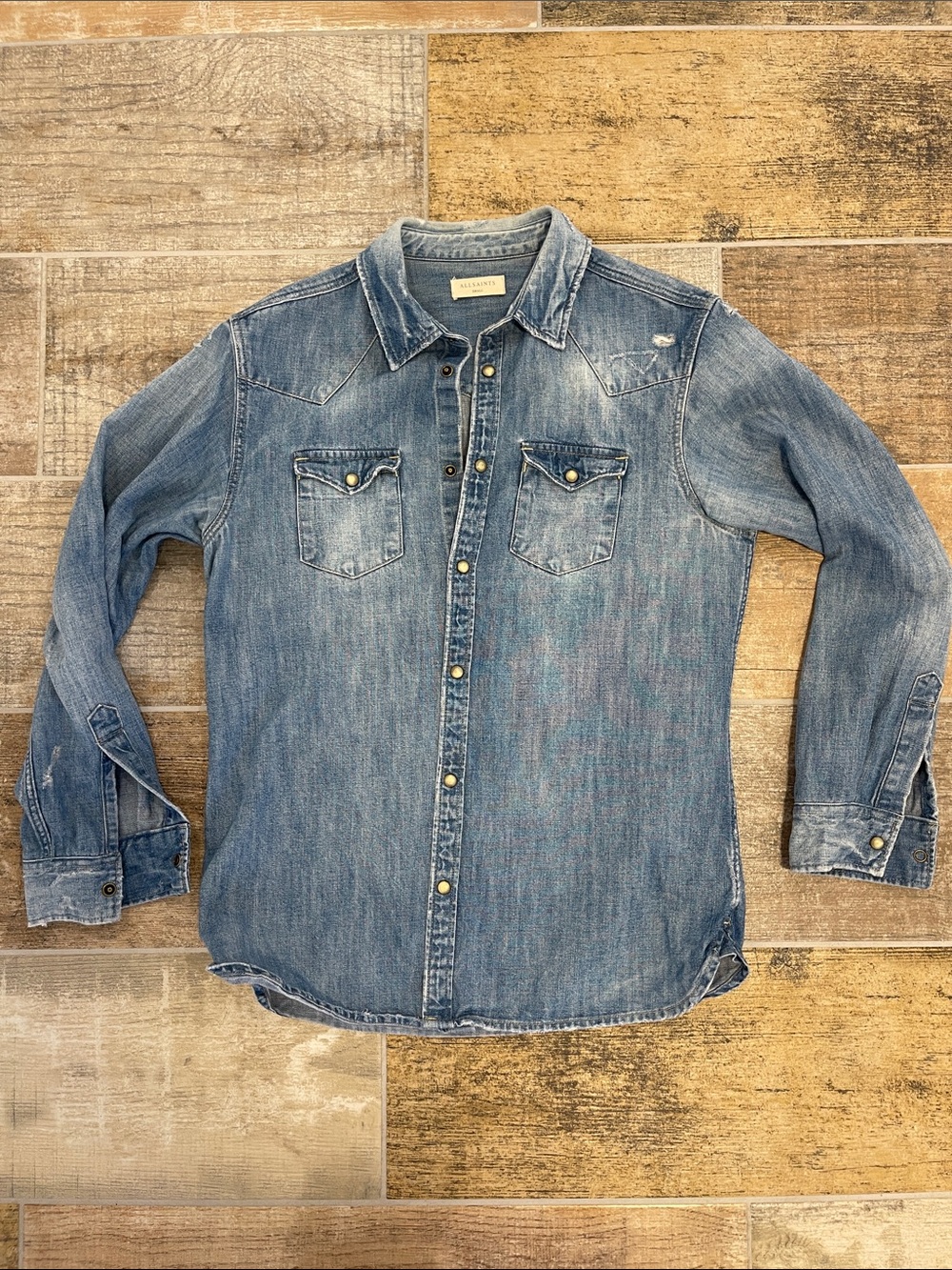 All Saints Light Blue Denim Snap Button Long Sleeve Collared Shirt Mens Small S - Picture 6 of 9